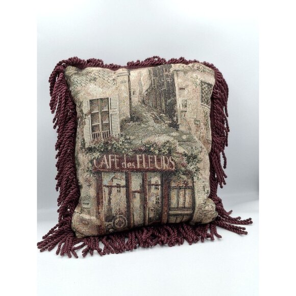 Vinatge 90s y2k Cafe De Fleurs Tapestry Throw Pillow With Burgundy Fringe - Picture 1 of 8